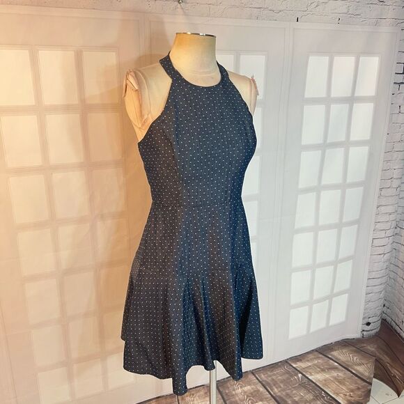 Parker Blue White Polka Dot Sleeveless Halter Denim Chambray Mini Dress Sz Small - Picture 2 of 10